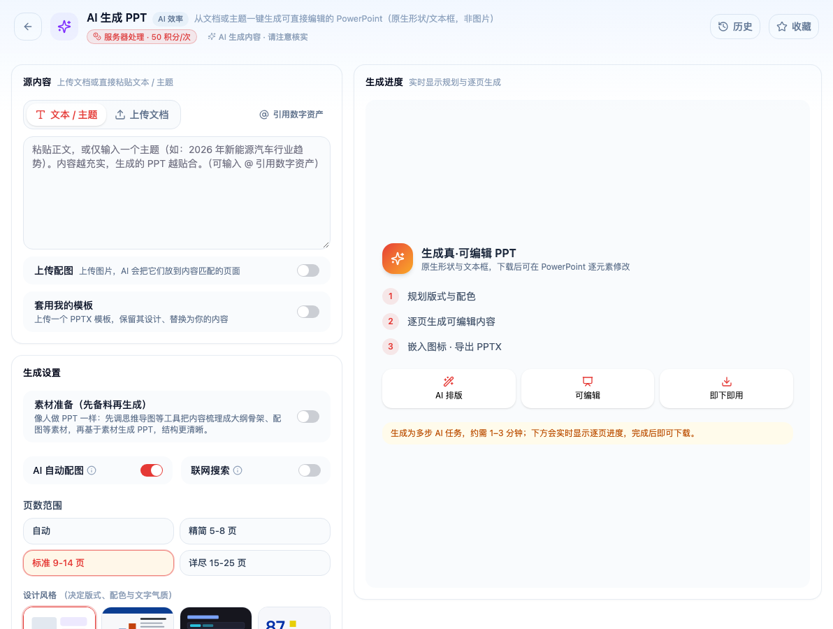 「AI 生成 PPT」工具页初始界面:源内容 / 上传配图 / 套用我的模板 / 生成设置 / 素材准备(先备料再生成) / AI 自动配图 / 联网搜索 / 页数范围 / 自动;指南截图中的历史处理标签