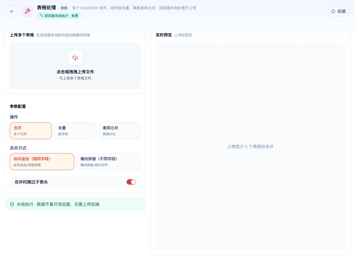 表格处理的合并、去重和差异比对选项
