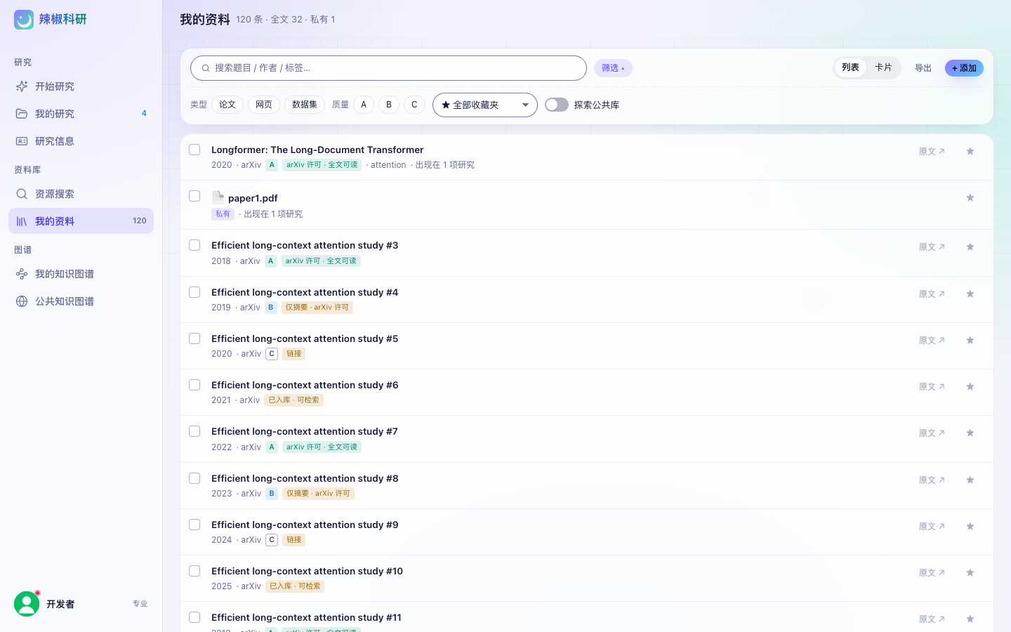 「我的资料」整页:顶部计数「120 条 · 全文 32 · 私有 1」、搜索框、类型 / 质量 / 收藏夹筛选和「搜索公共库」开关;列表每行带可用性标签(全文可读 / 仅摘要 / 链接 / 已入库 · 可检索 / 私有)、质量等级、出现在几项研究、原文链接与收藏星