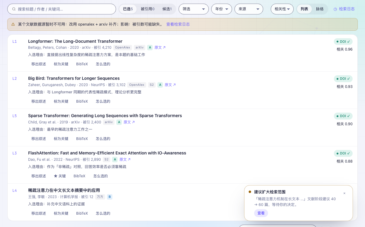文献列表中的来源、入选理由和候选入口
